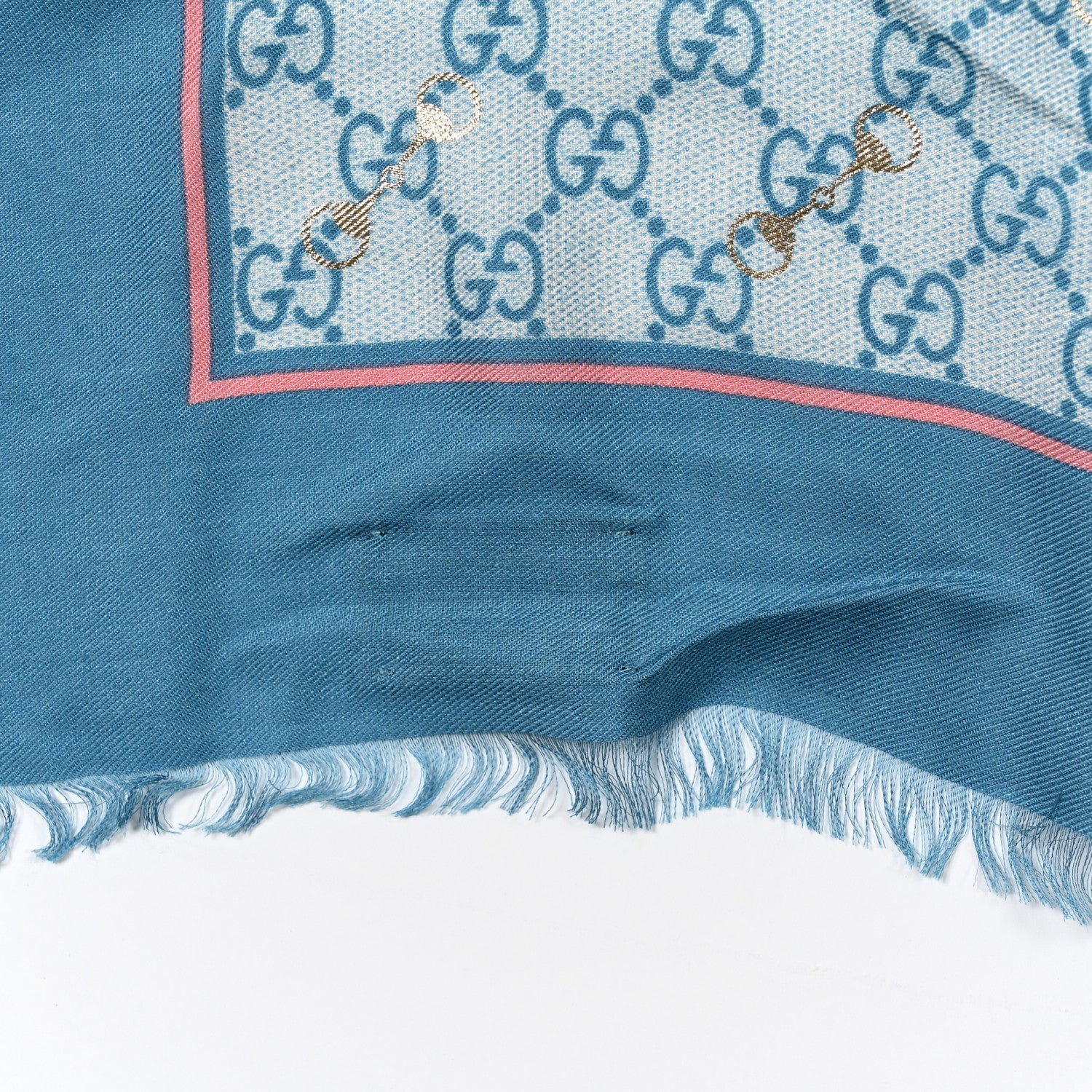 Gucci Modal Silk GG Monogram Big Gold Horsebit Fringe Shawl Bluette Pink 4 of 5