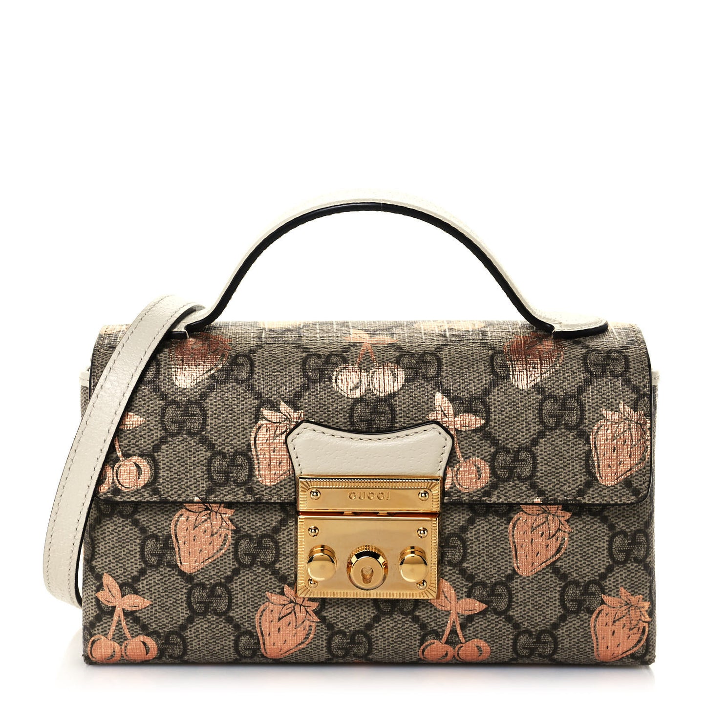 GG Supreme Monogram Berry Textured Dollar Calfskin Mini Padlock Top Handle Shoulder Bag Beige Ebony Light Copper Mystic White