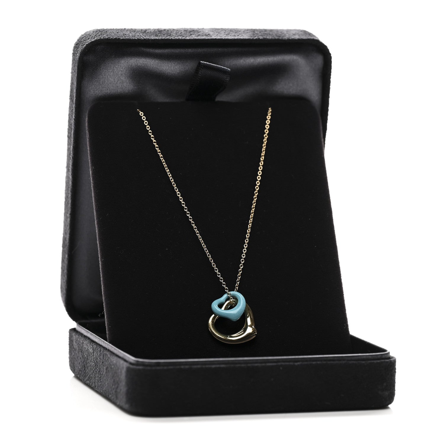 Tiffany 18K Yellow Gold Turquoise Elsa Peretti Double Open Heart Pendant Necklace 6 of 6