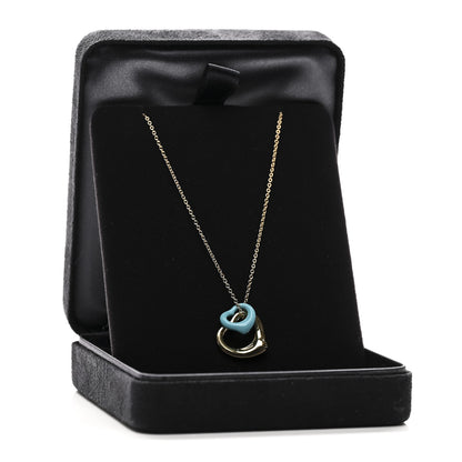 Tiffany 18K Yellow Gold Turquoise Elsa Peretti Double Open Heart Pendant Necklace 6 of 6