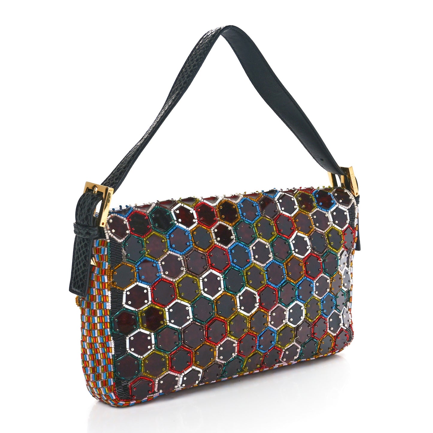 Snakeskin Beaded Embroidered Tortoise Baguette Black Multicolor