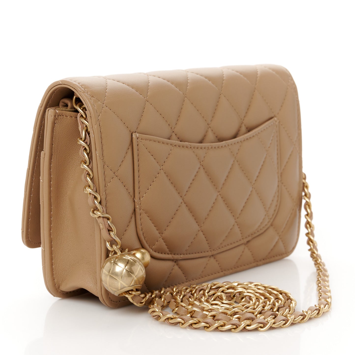 Lambskin Quilted CC Pearl Crush Wallet on Chain WOC Beige