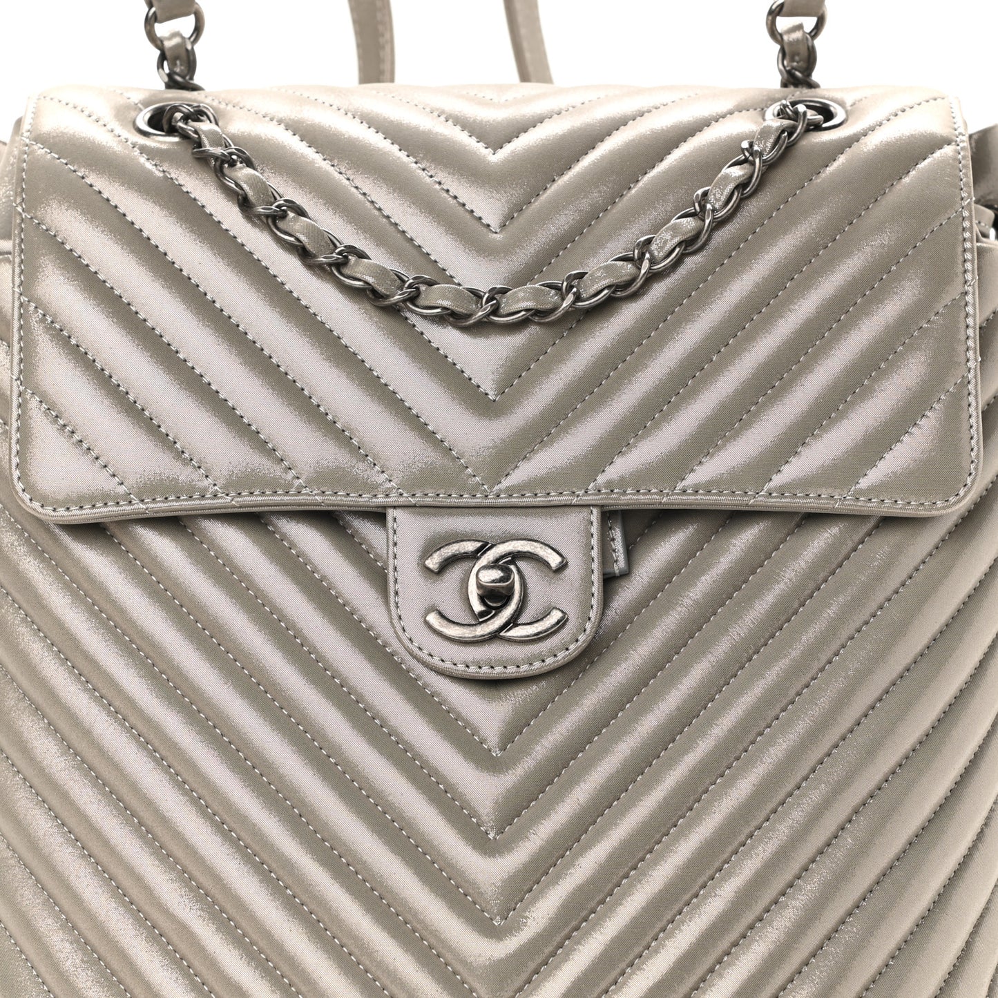 Iridescent Calfskin Chevron Quilted Small Urban Spirit Backpack Silver