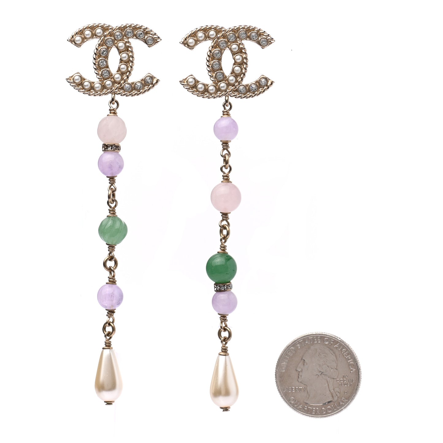 Crystal Pearl Beaded CC Long Drop Earrings Gold Multicolor