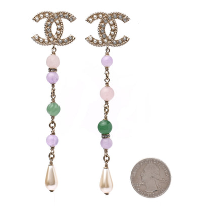 Chanel Crystal Pearl Beaded CC Long Drop Earrings Gold Multicolor 2 of 4