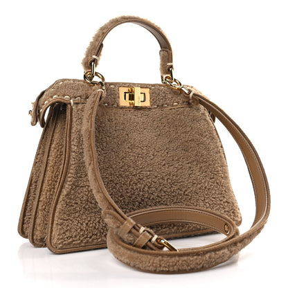 Fendi Curly Shearling Shiny Nappa Small Peekaboo I SEE U Satchel Camel 3 of 8