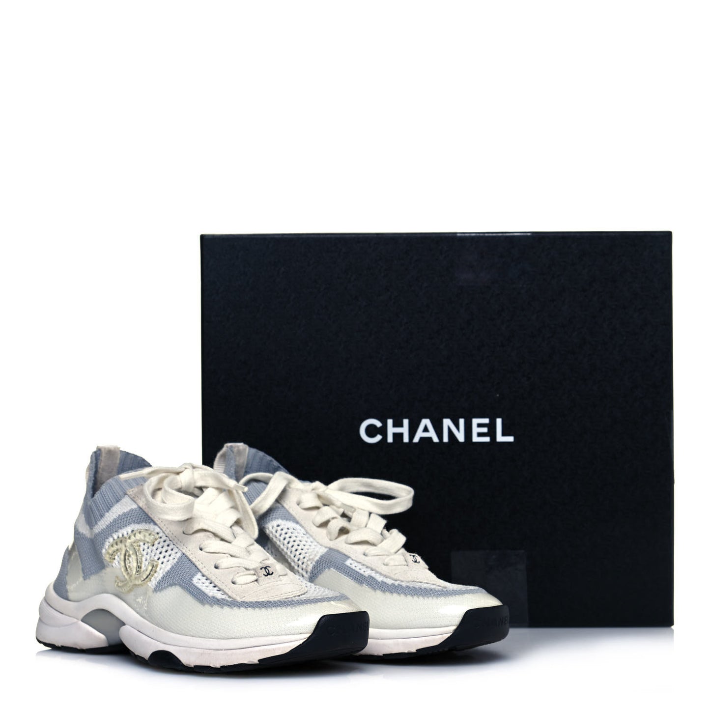 Fabric Suede Calfskin Stretch CC Sneakers 36 White Grey