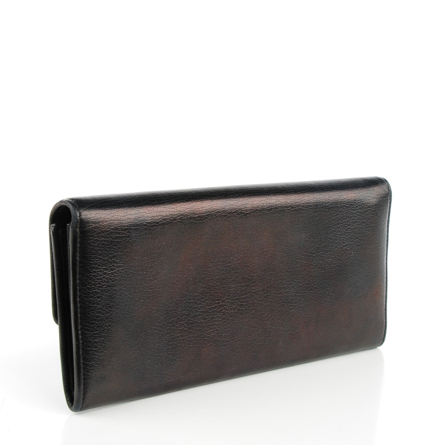 Goatskin Camellia Embossed Flap Wallet Black