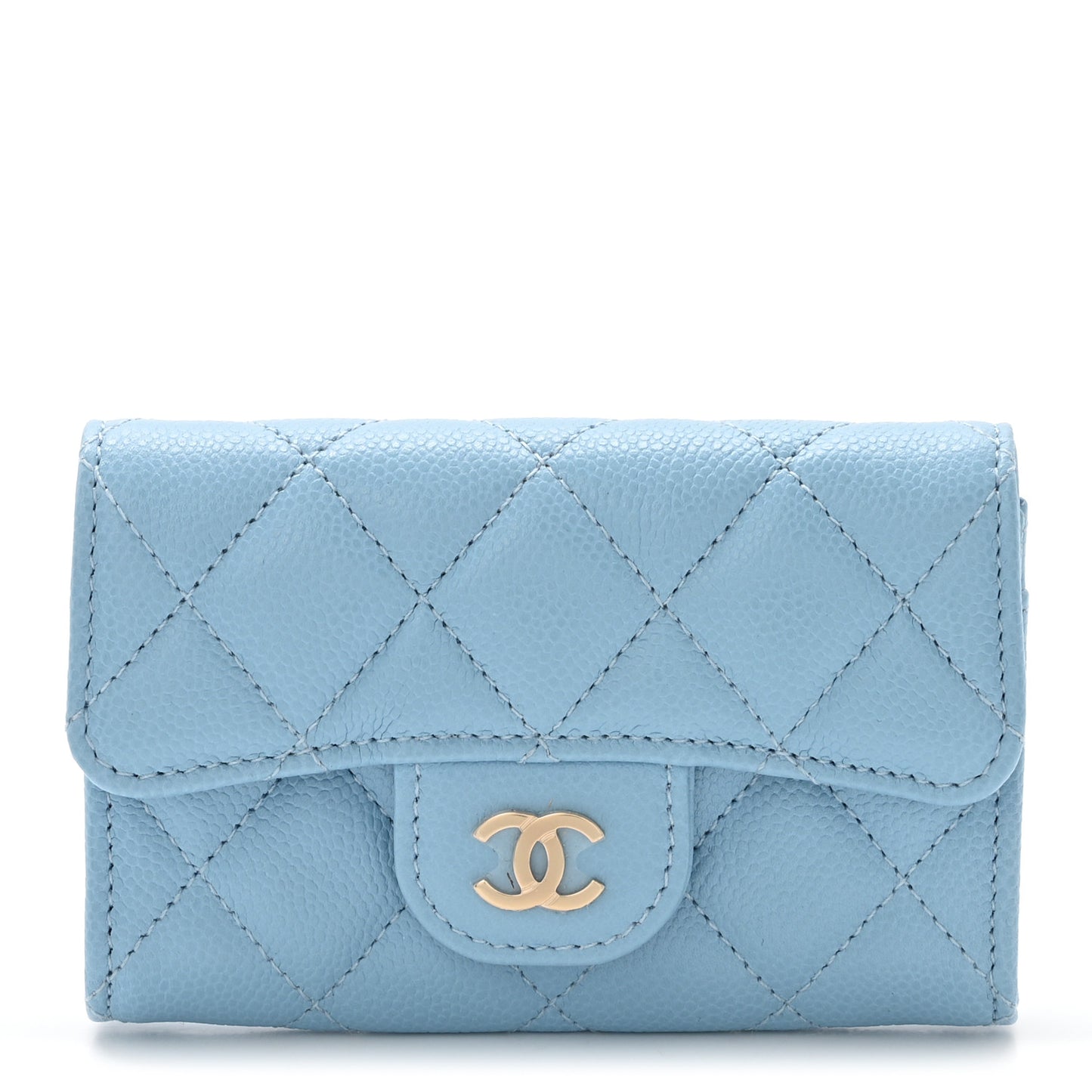 Caviar Quilted Flap Card Holder Wallet Light Blue
