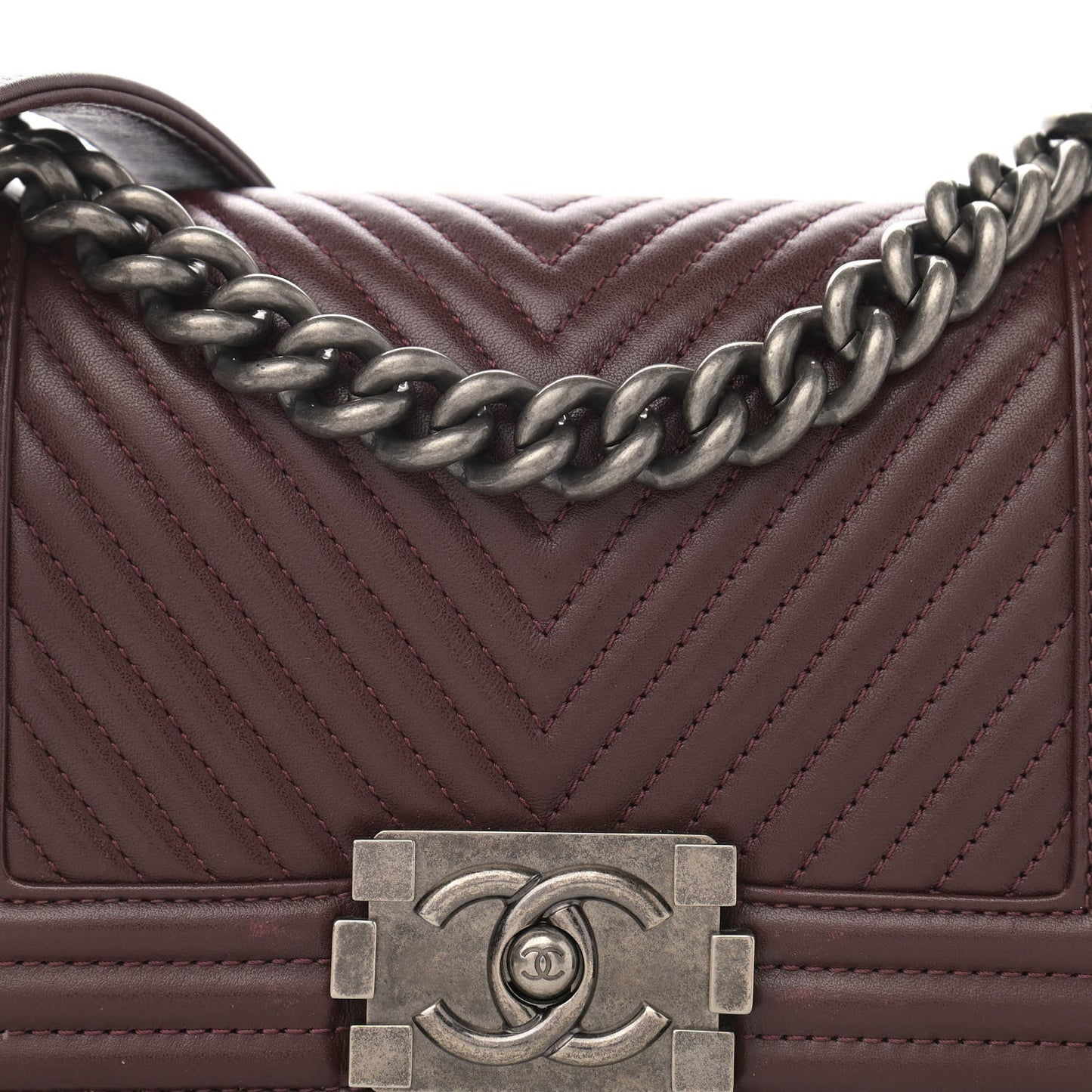 Calfskin Chevron Quilted Small Boy Flap Burgundy