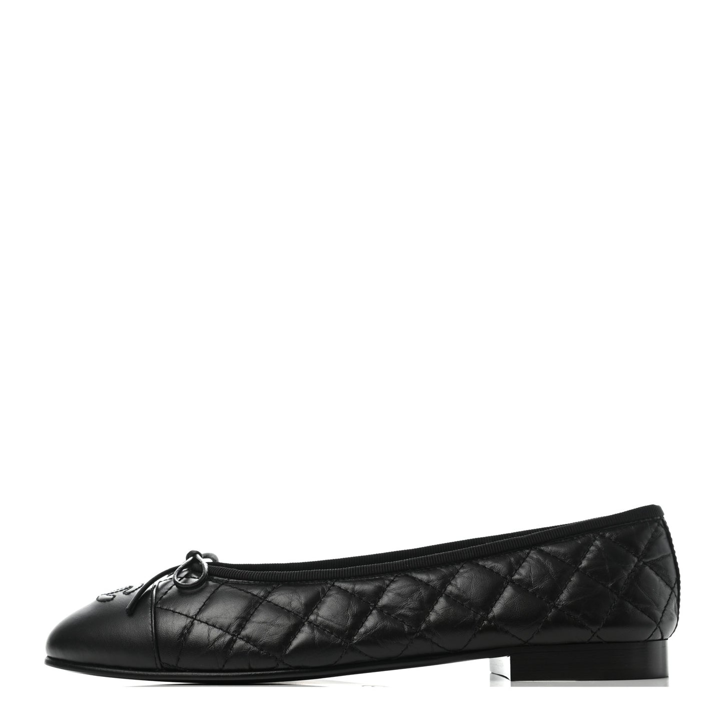 Aged Calfskin Quilted Cap Toe Ballerina Flats 38.5 Black