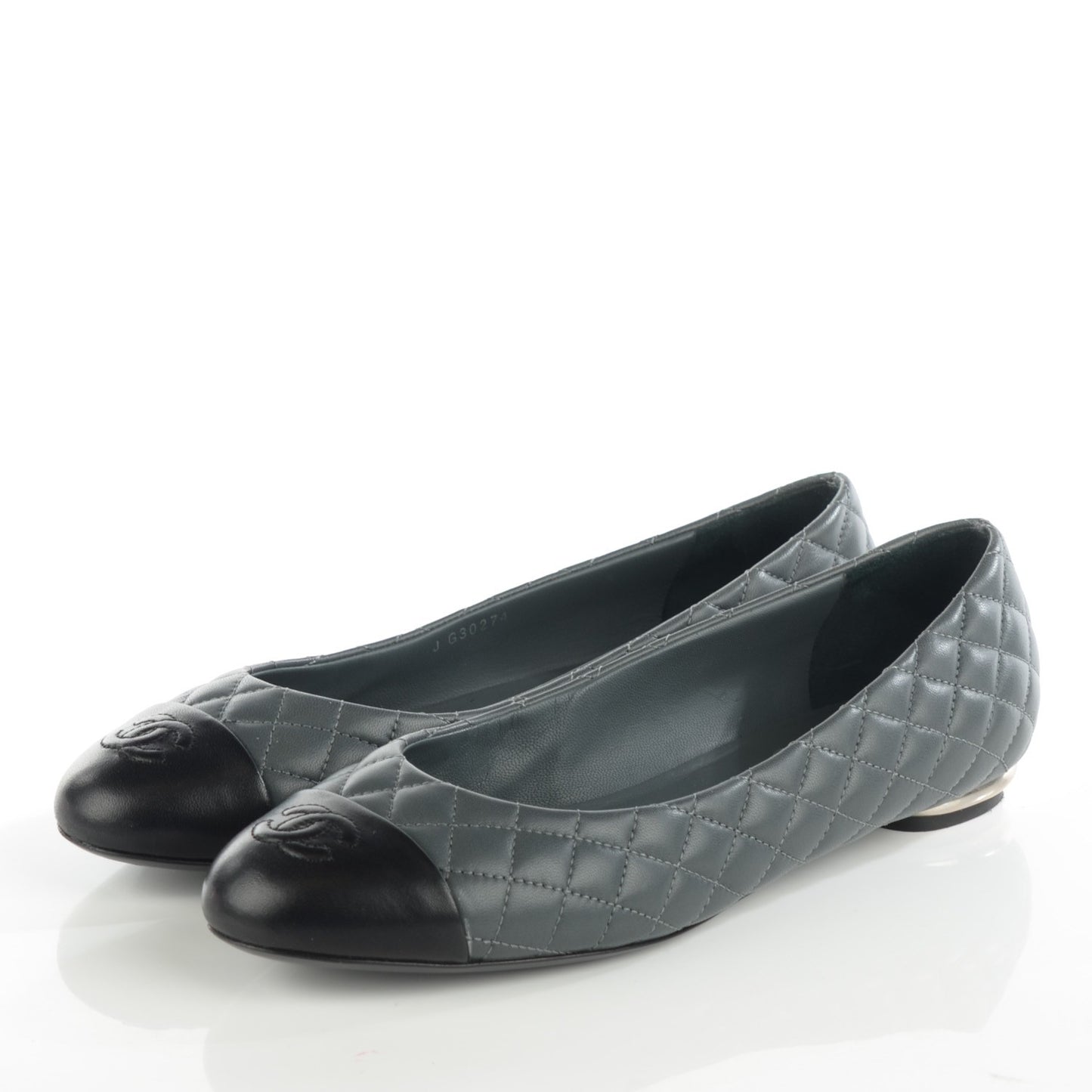Lambskin Quilted Cap Toe CC Ballerina Flats 39.5 Charcoal Black