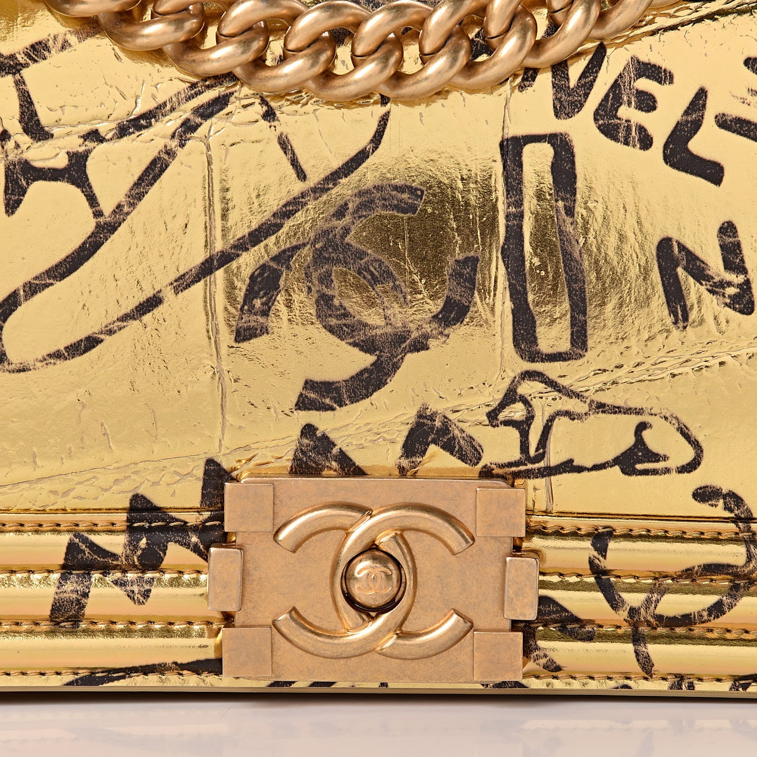 Chanel Metallic Calfskin Crocodile Embossed Graffiti Medium Cocodile Boy Flap Gold 10 of 11