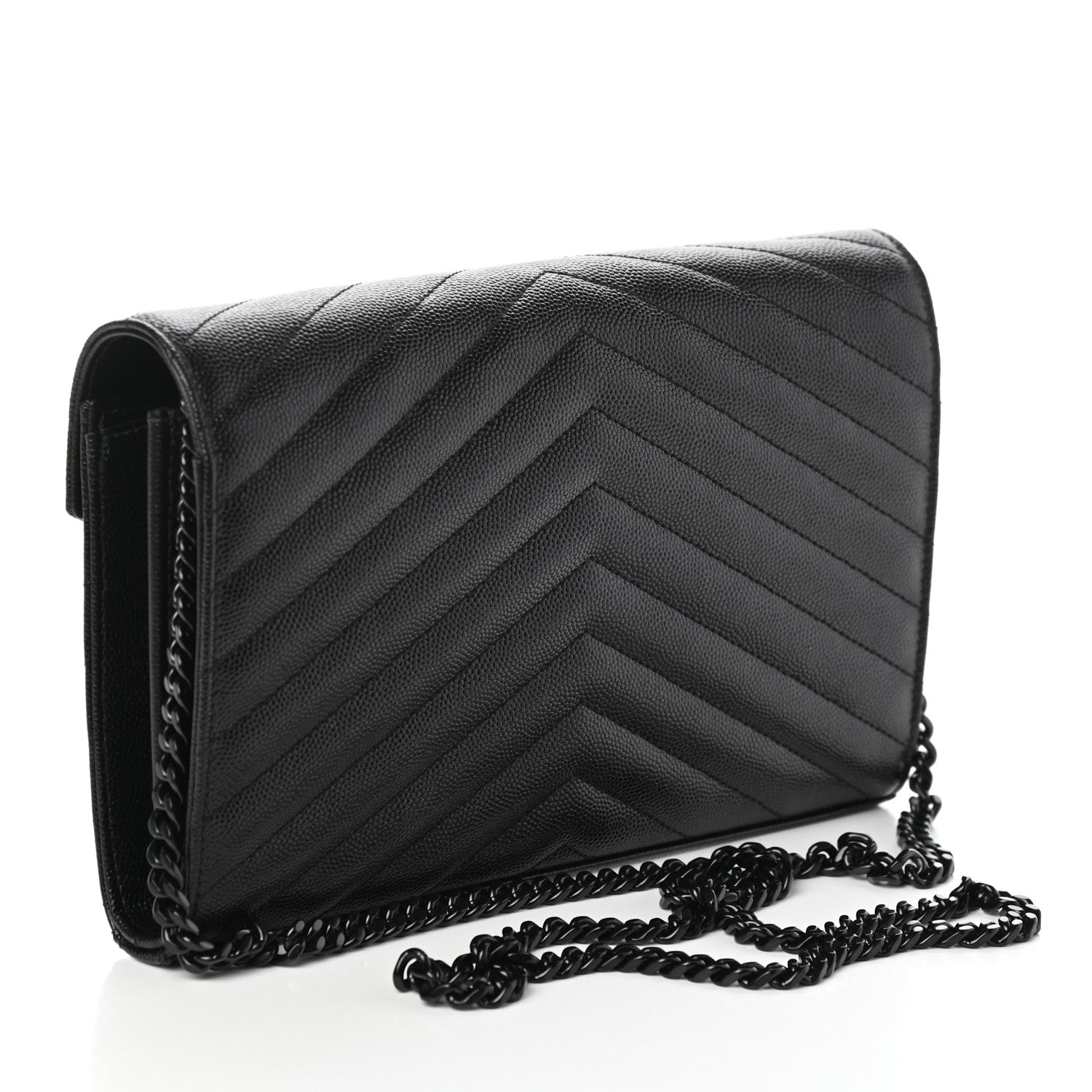 Saint Laurent Grain De Poudre Matelasse Chevron Monogram Chain Wallet Black 3 of 9