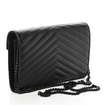 Saint Laurent Grain De Poudre Matelasse Chevron Monogram Chain Wallet Black 3 of 9
