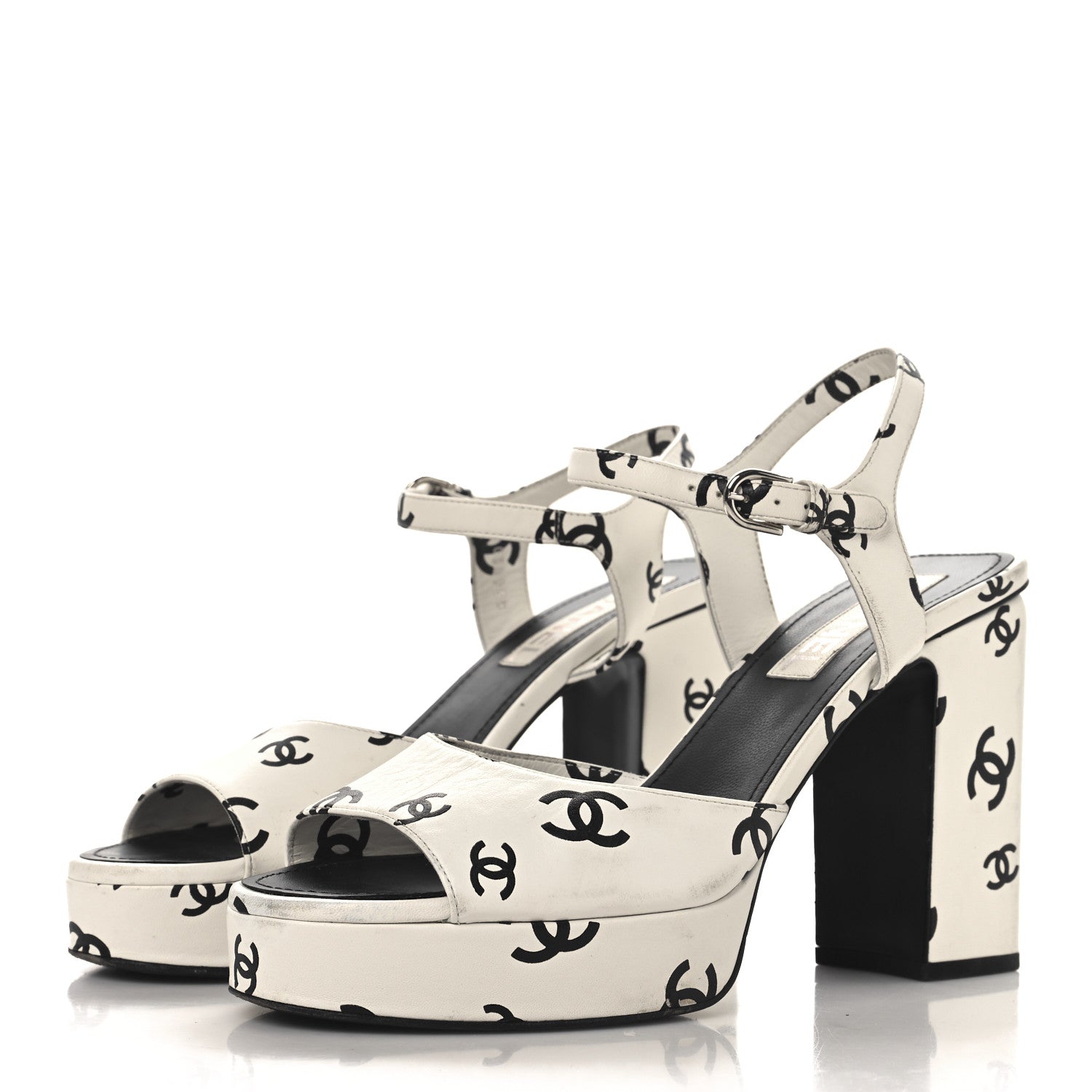 Chanel Printed Lambskin CC Platform Sandals 40.5 White Black 4 of 10
