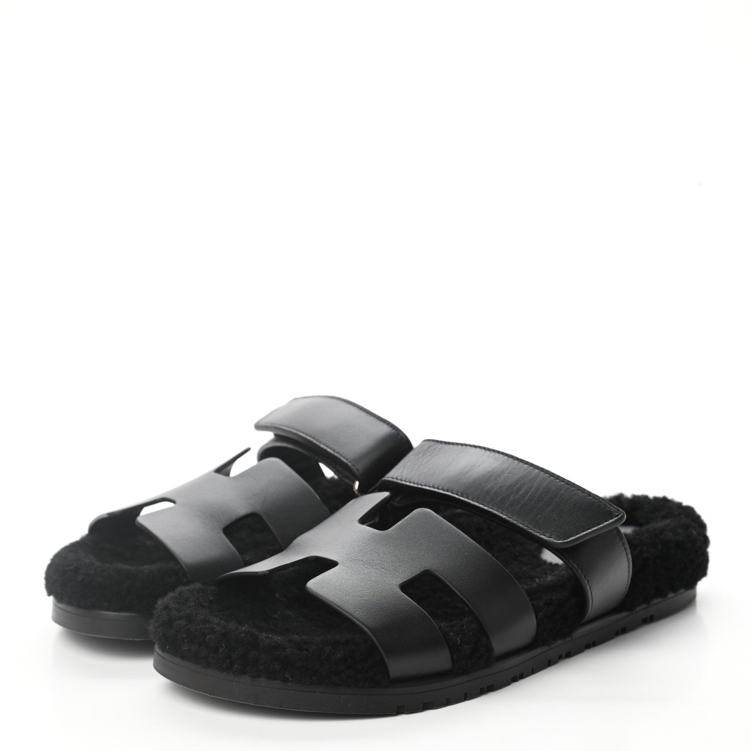 Hermes Calfskin Woolskin Womens Chypre Sandals 40 Black 3 of 9