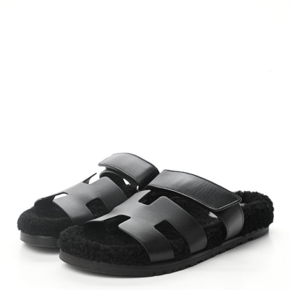 Hermes Calfskin Woolskin Womens Chypre Sandals 40 Black 3 of 9