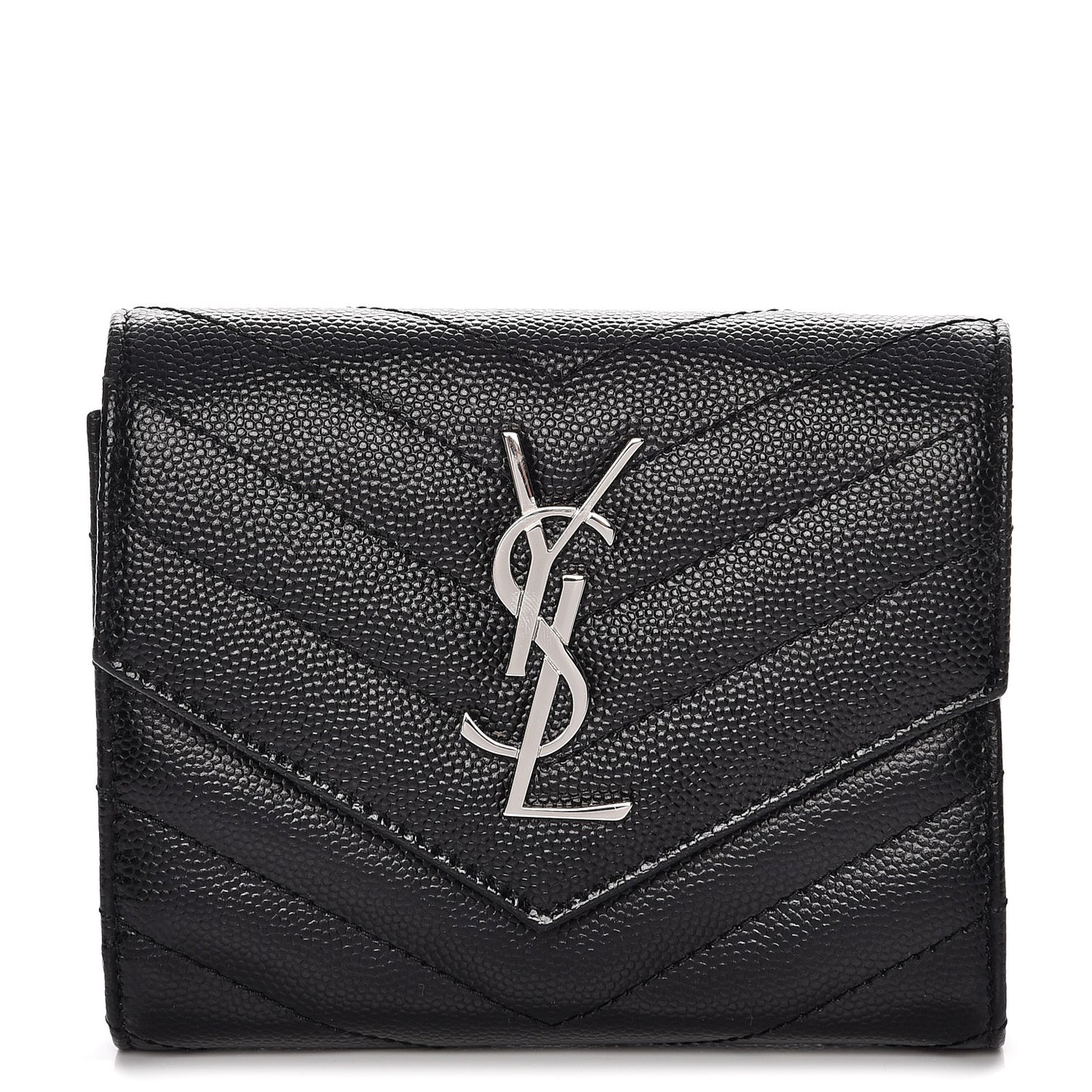Grain De Poudre Matelasse Chevron Monogram Compact Tri Fold Wallet Black