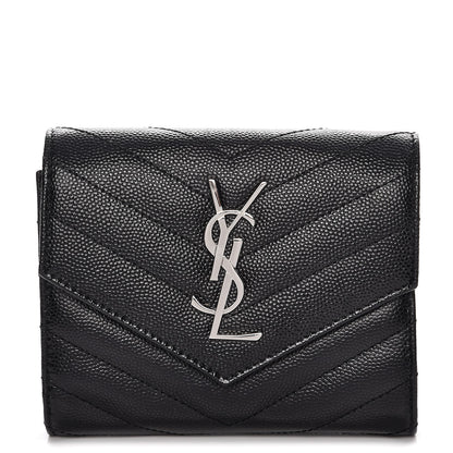 Saint Laurent Grain De Poudre Matelasse Chevron Monogram Compact Tri Fold Wallet Black 1 of 7