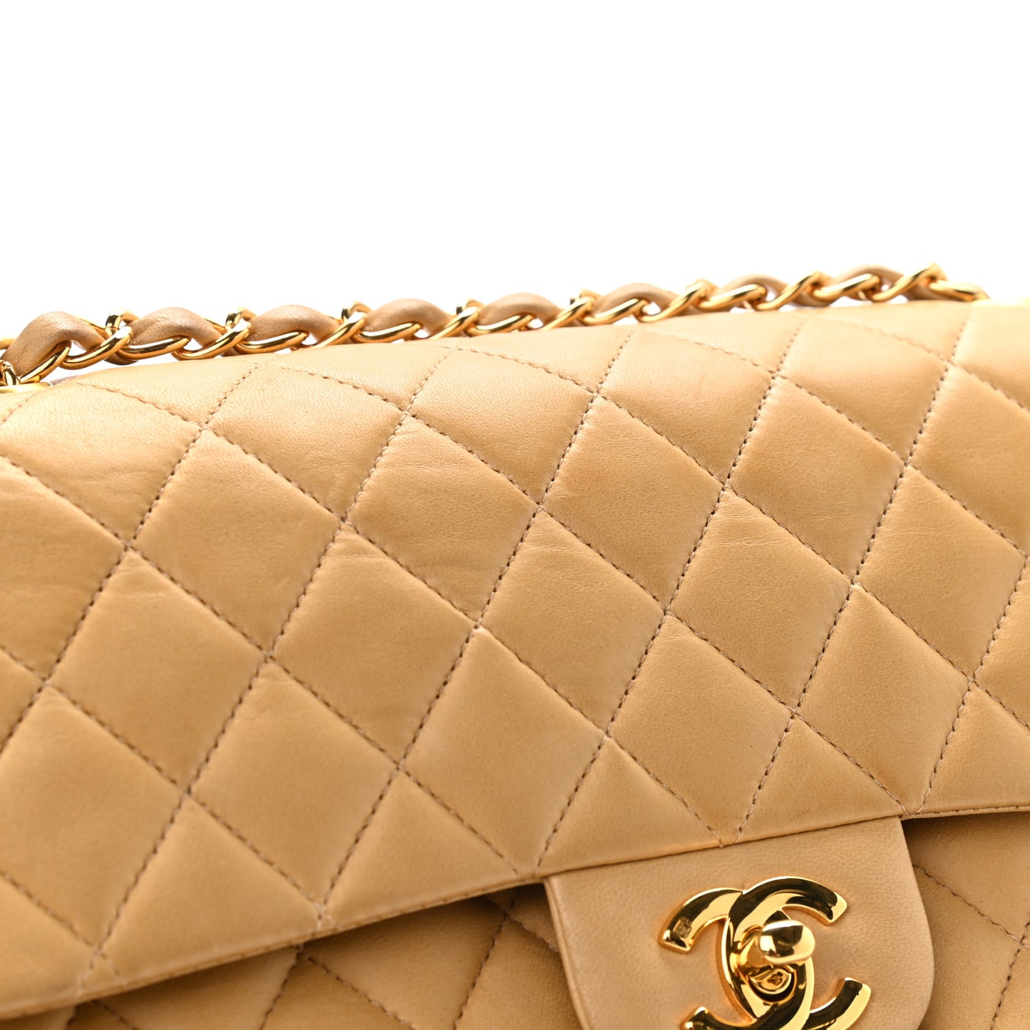 Lambskin Quilted Medium Double Flap Beige