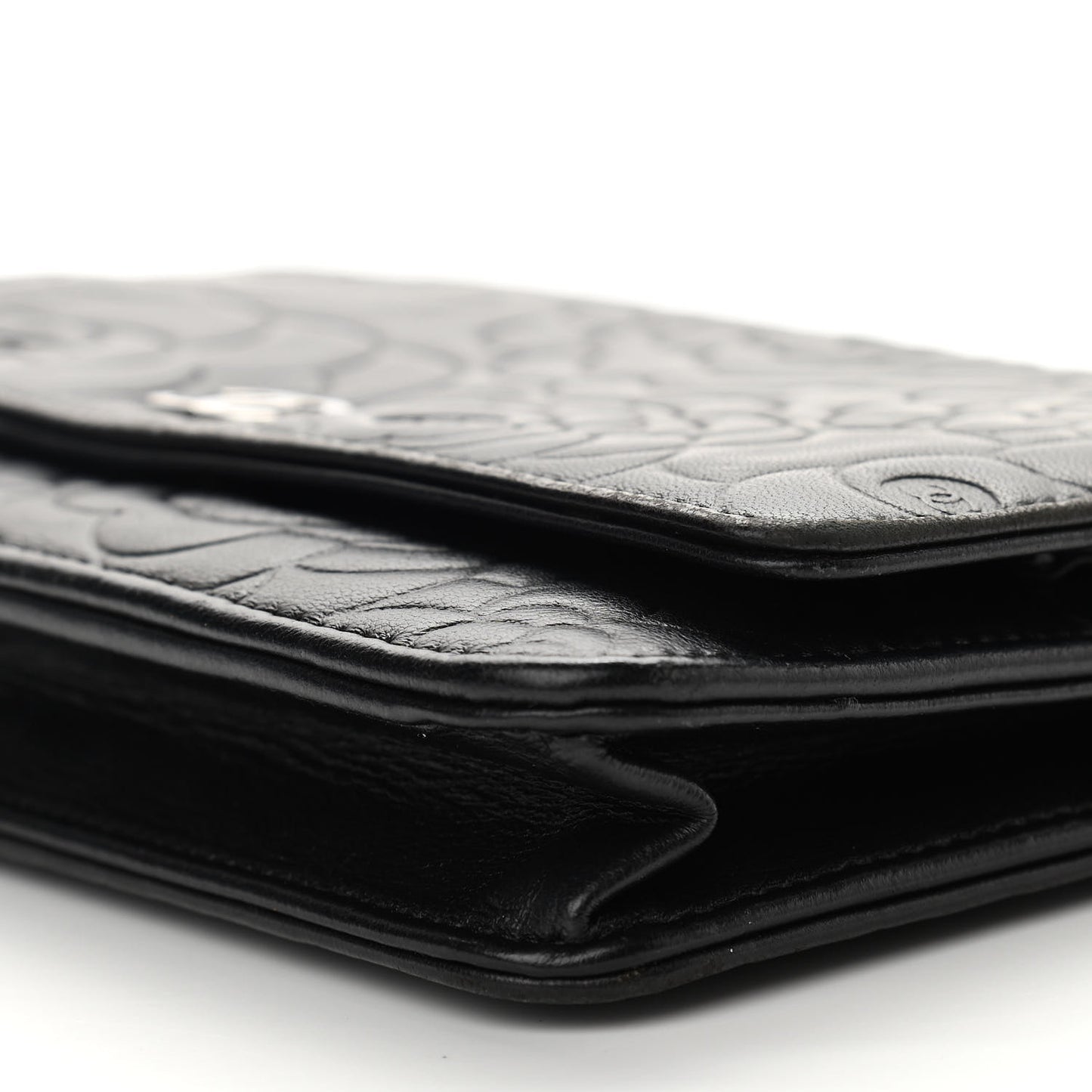 Lambskin Camellia Embossed Wallet on Chain WOC Black