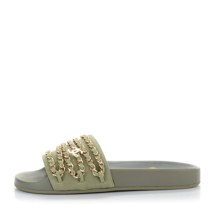 Chanel Lambskin Canvas Chain Flat Sandals 40 Khaki 1 of 9