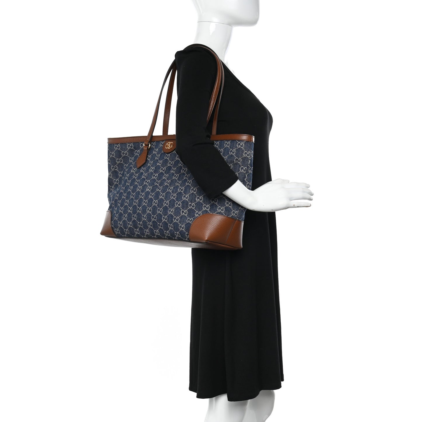 New Denim GG Monogram Medium Ophidia Shopping Tote Blue Tea Cuir