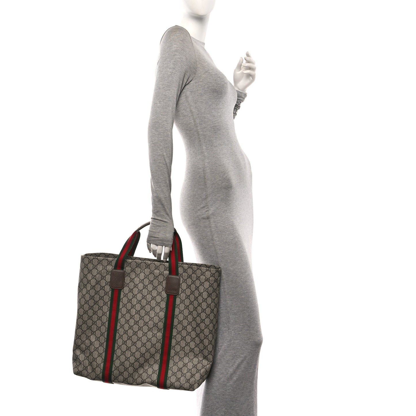 Tender GG Supreme Monogram Textured Dollar Calfskin Web Tote Beige Ebony New Acero