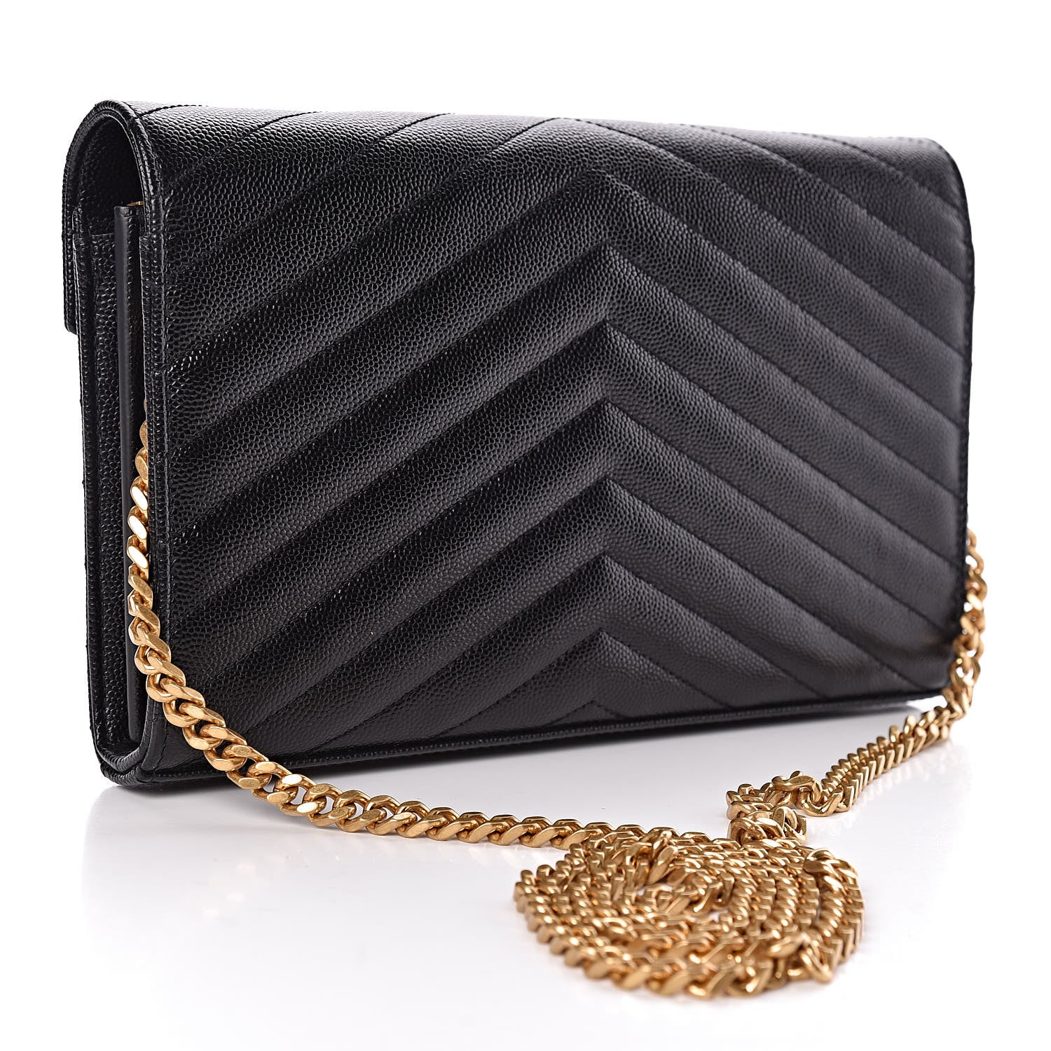 Saint Laurent Grain De Poudre Matelasse Chevron Deconstructed Monogram Chain Wallet Black 3 of 11