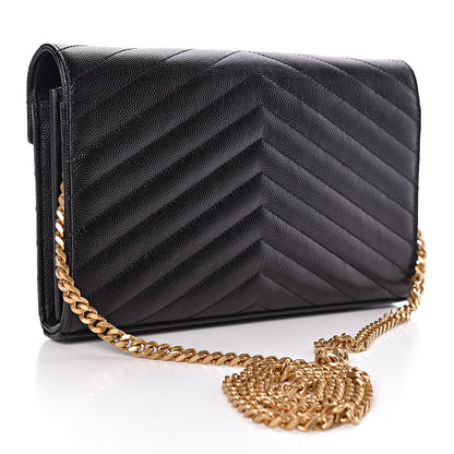 Saint Laurent Grain De Poudre Matelasse Chevron Deconstructed Monogram Chain Wallet Black 3 of 11