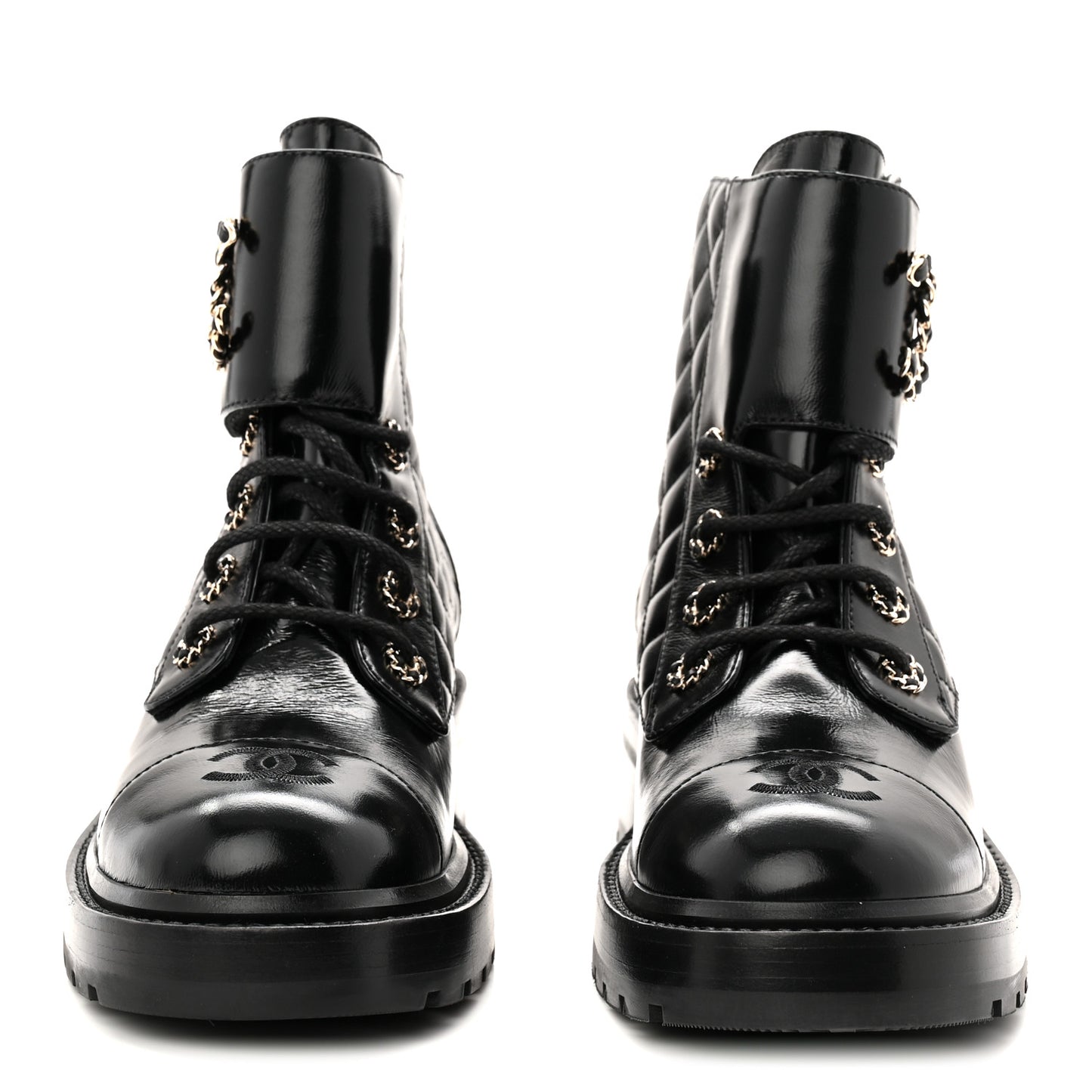 Shiny Calfskin Quilted Lace Up Combat Boots 39 Black