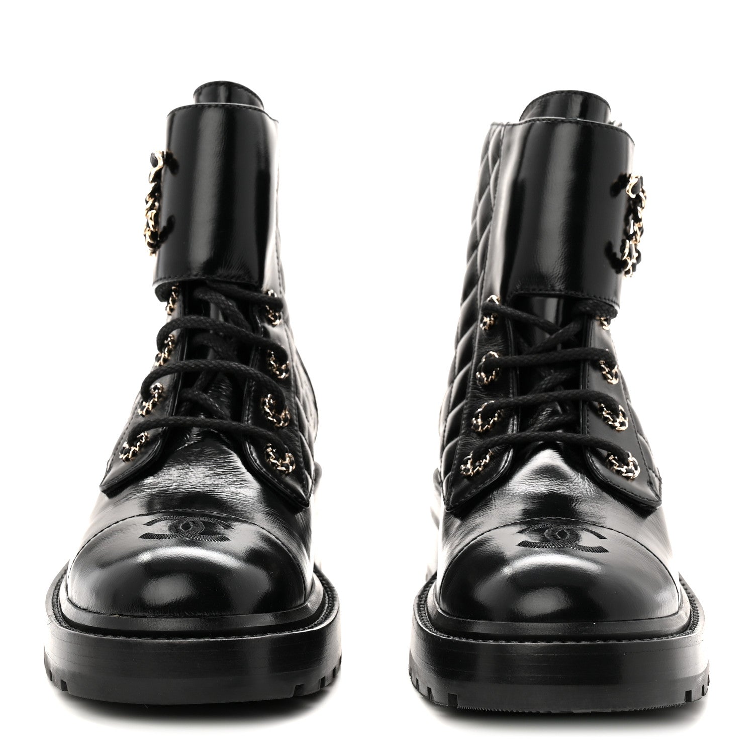 Chanel Shiny Calfskin Quilted Lace Up Combat Boots 39 Black 2 of 11