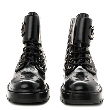 Chanel Shiny Calfskin Quilted Lace Up Combat Boots 39 Black 2 of 11