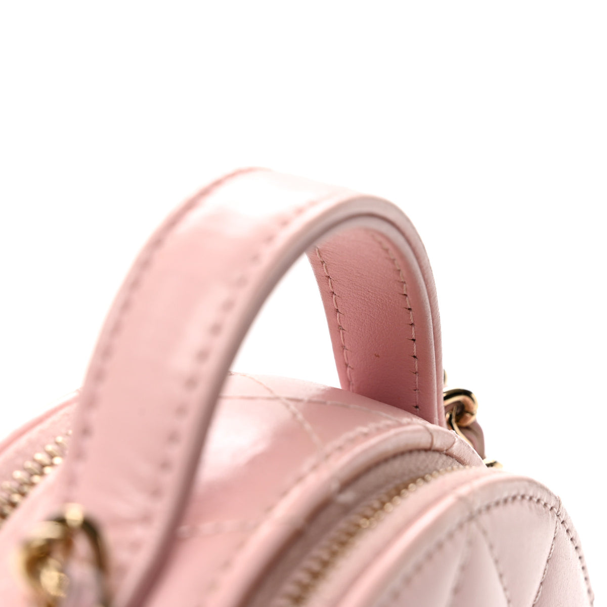 Shiny Lambskin Quilted Round Handle With Care Vanity With Chain Pink
