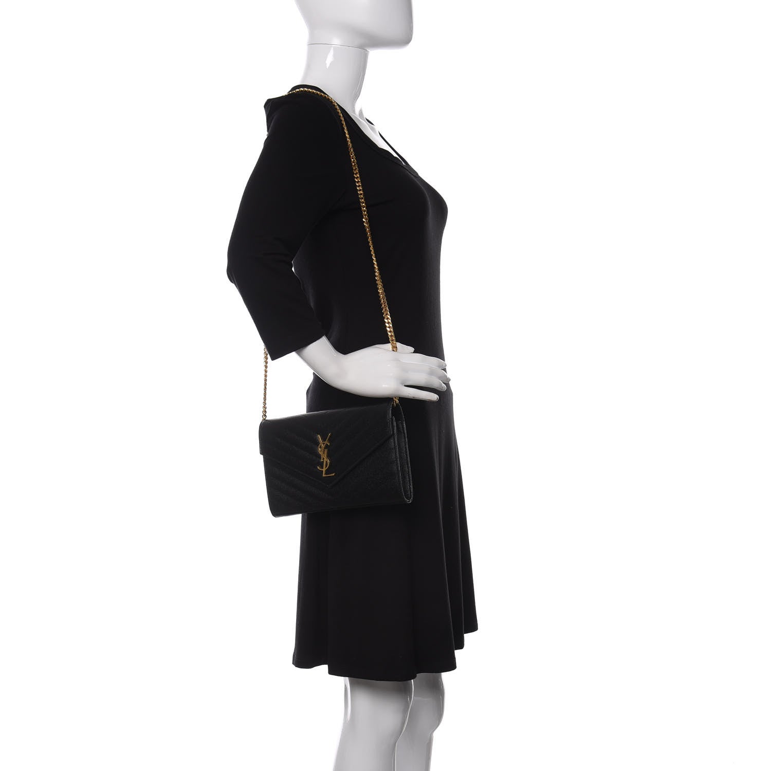 Saint Laurent Grain De Poudre Matelasse Chevron Monogram Chain Wallet Black 2 of 10