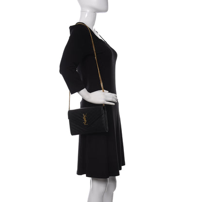 Saint Laurent Grain De Poudre Matelasse Chevron Monogram Chain Wallet Black 2 of 10