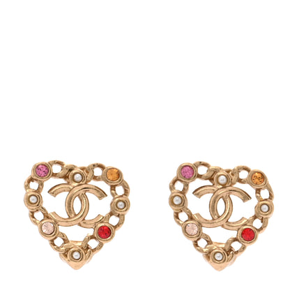 Chanel Pearl Crystal CC Heart Earrings Gold Multicolor 1 of 5