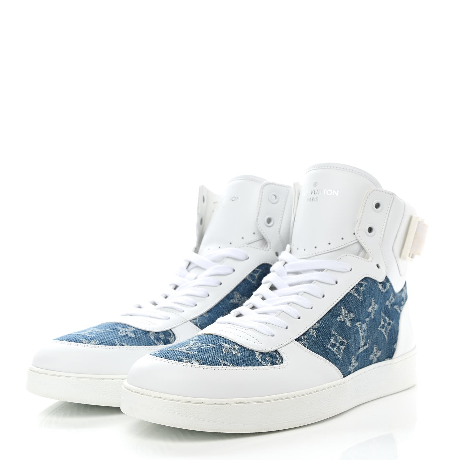 Louis Vuitton Calfskin Monogram Denim Rivoli High Top Sneakers 10 White 3 of 13