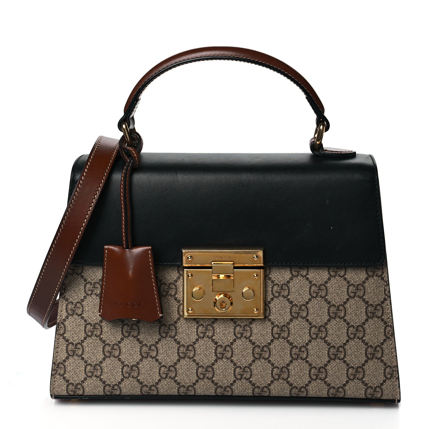 Gucci GG Supreme Monogram Calfskin Small Padlock Top Handle Bag Beige Black Cuir 1 of 11