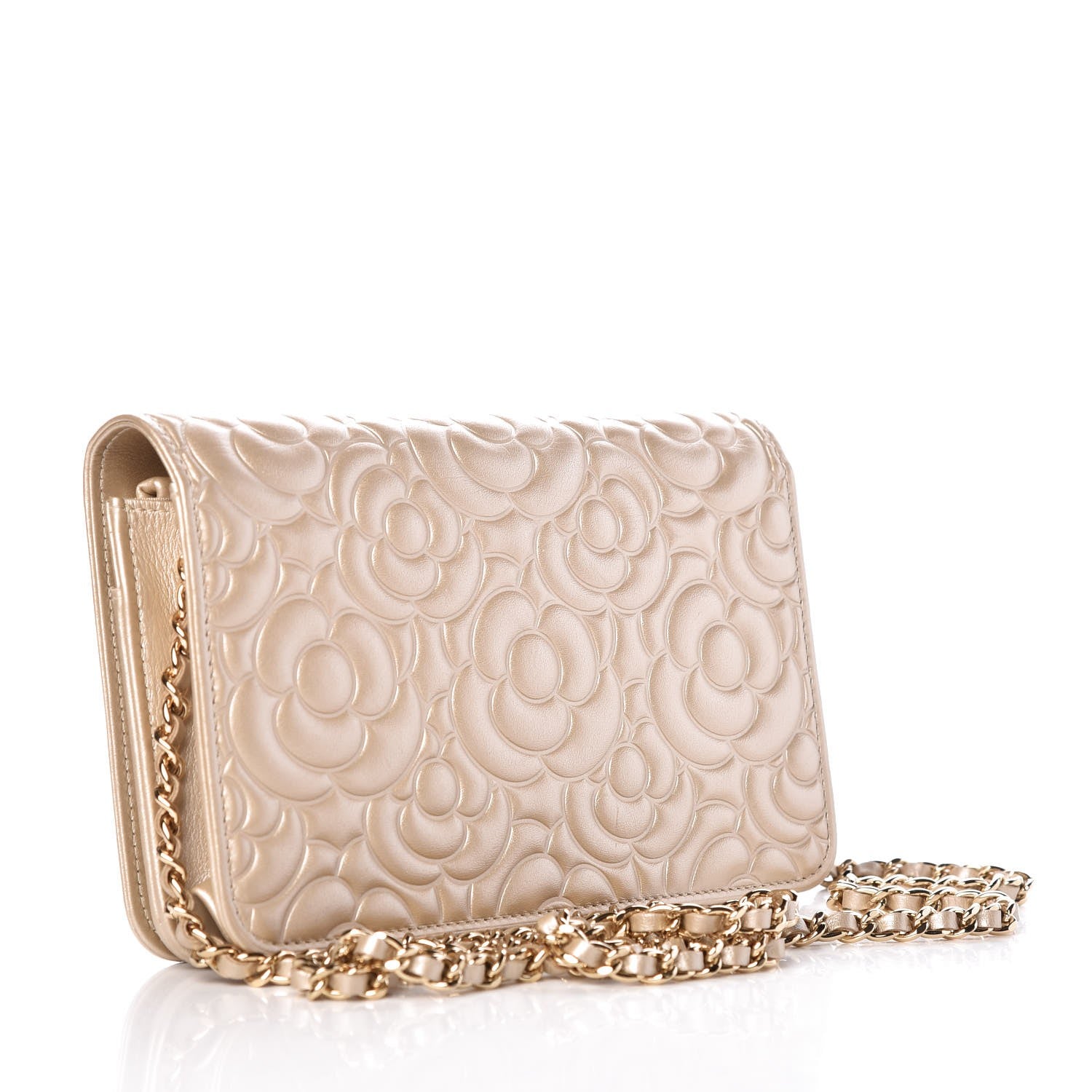 Chanel Metallic Lambskin Camellia Crystal Wallet on Chain WOC Gold 4 of 11