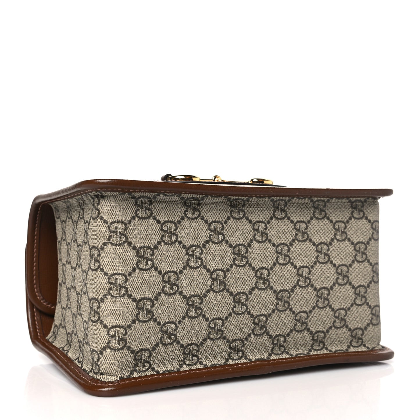 GG Supreme Monogram Azalea Calfskin Mini Horsebit 1955 Foldover Top Handle Bag Beige Ebony Brown Sugar