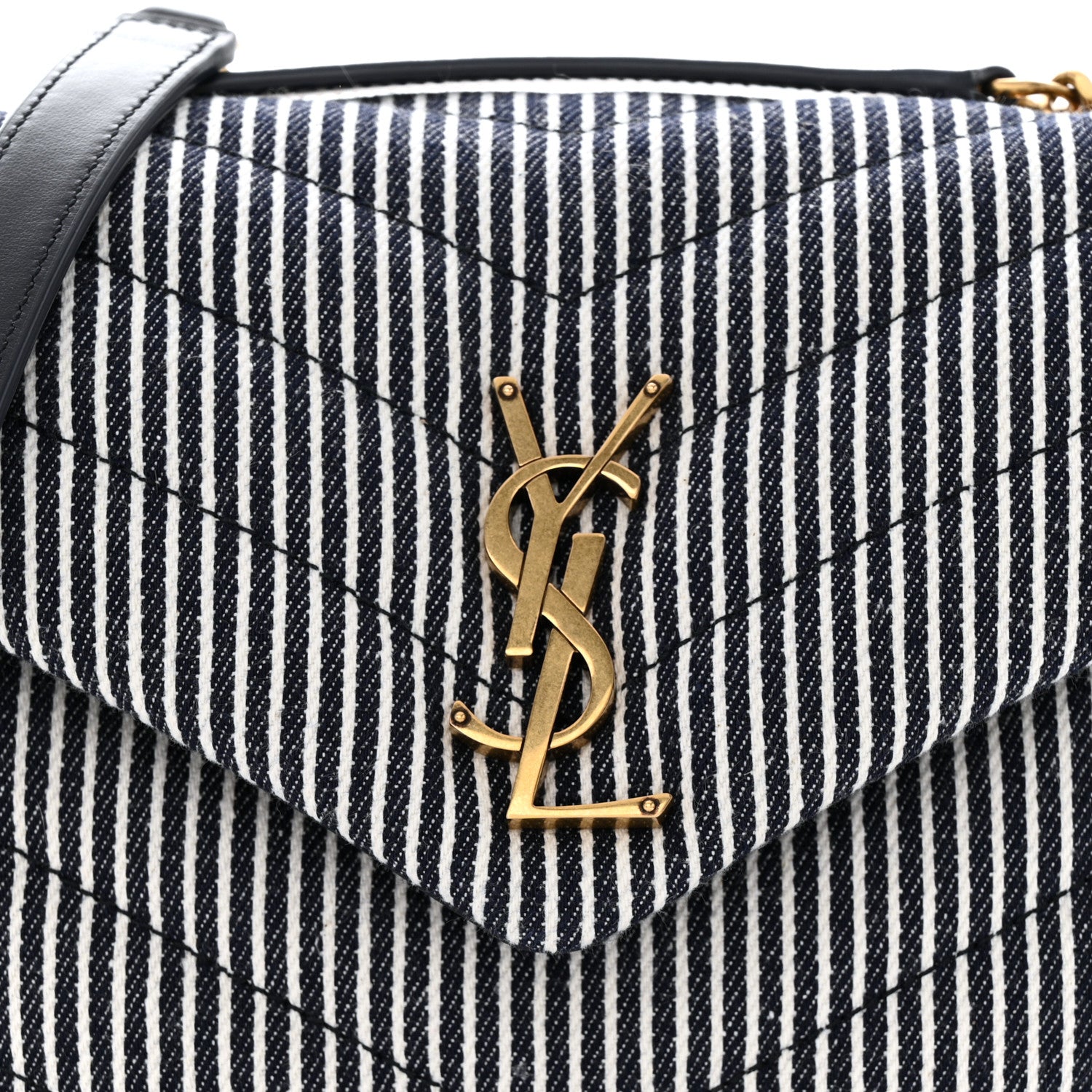 Saint Laurent Striped Denim Y Quilted Monogram Small Loulou Chain Satchel Marine Vintage White 8 of 10