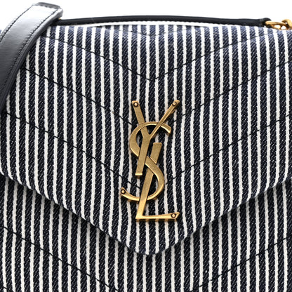 Saint Laurent Striped Denim Y Quilted Monogram Small Loulou Chain Satchel Marine Vintage White 8 of 10