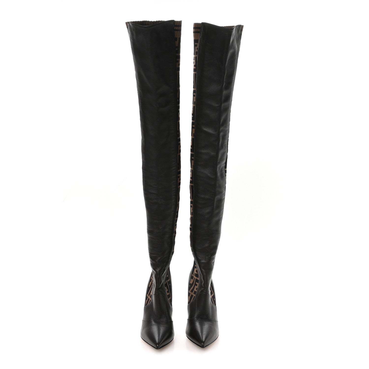 Fendi Nappa Microfiber Fabric FF Rockoko Thigh High Boots 38 Ebano