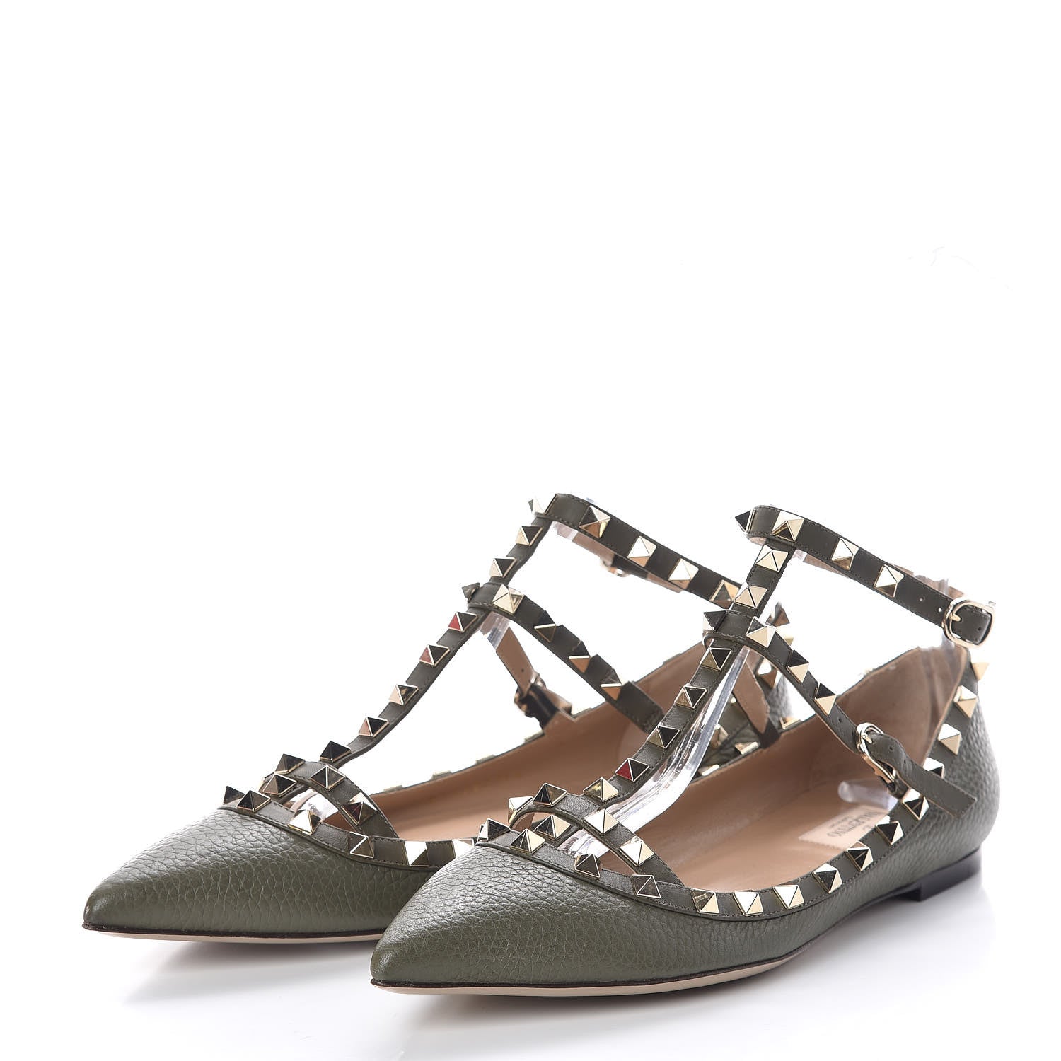 Valentino Garavani Pebbled Calfskin Rockstud Cage Ballerina Flats 39.5 Army Green 3 of 7