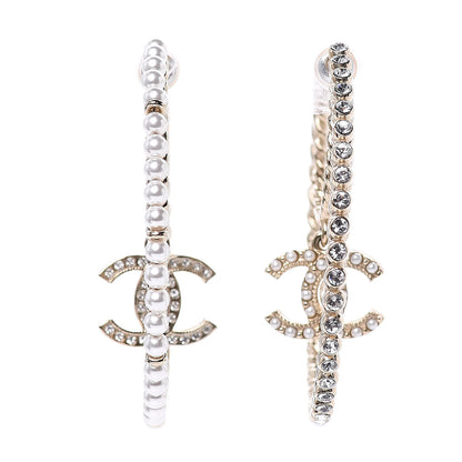 Chanel Crystal Pearl CC Drop Hoop Earrings Gold Pearly White 1 of 5