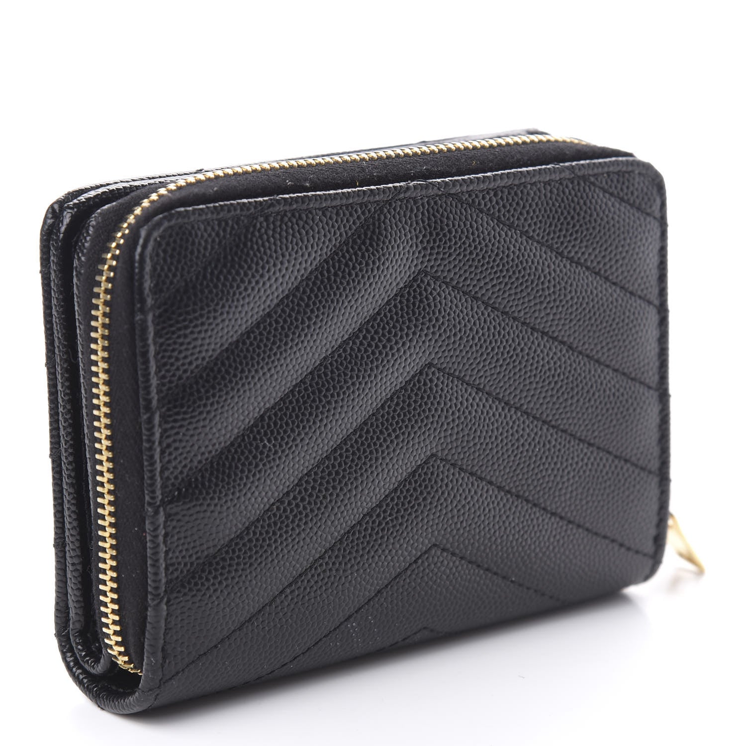 Saint Laurent Grain De Poudre Matelasse Chevron Monogram Compact Zip Around Wallet Black 3 of 7
