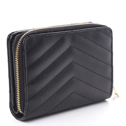 Saint Laurent Grain De Poudre Matelasse Chevron Monogram Compact Zip Around Wallet Black 3 of 7