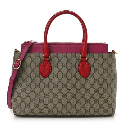 Gucci GG Supreme Monogram Moon Calfskin Small Zip Top Tote Beige Ebony Hibiscus Red New Rosette 1 of 15